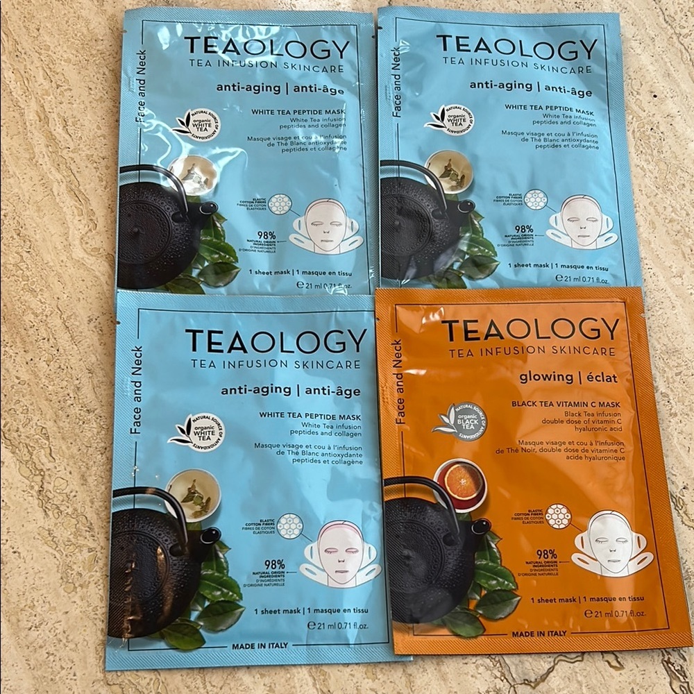 🆕 NEW lot of FOUR Teaology Anti-Aging and Glowing Face Masks